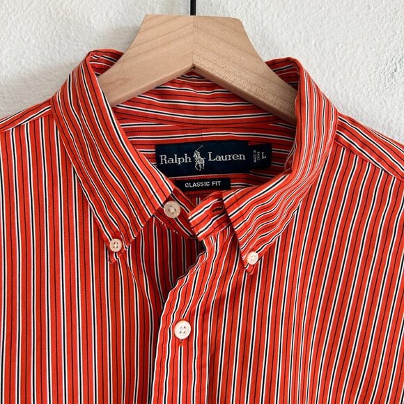 Ralph Lauren Shirt Classic Fit Orange Stripe Button Down Preppy Logo - Picture 2 of 9